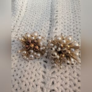 Cluster Pearl and Gold-Tone Clip On Earrings